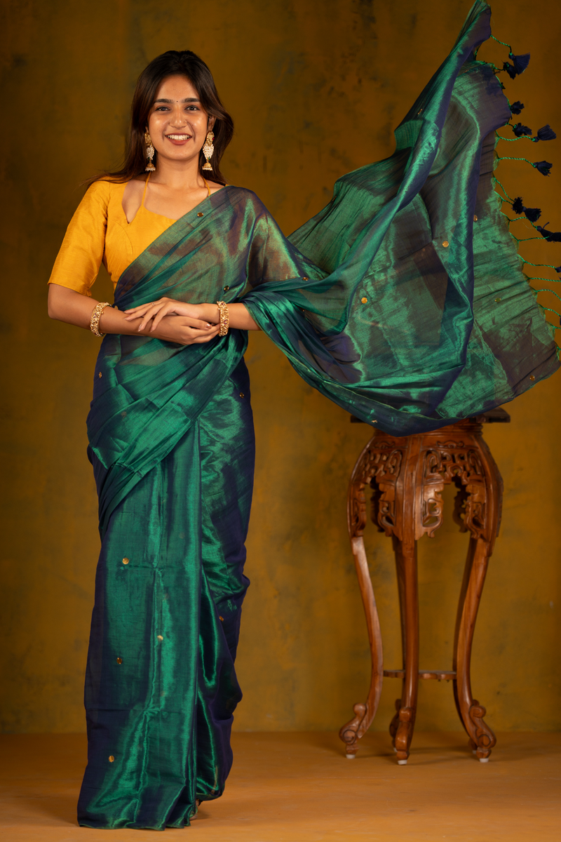 SAREEN Emerald Green Gini Raga Cotton Tissue Saree with Gold Dot Accents
