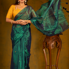 SAREEN Emerald Green Gini Raga Cotton Tissue Saree with Gold Dot Accents