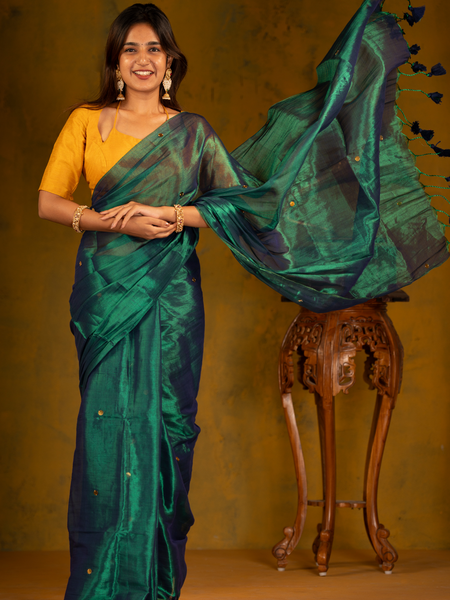 SAREEN Emerald Green Gini Raga Cotton Tissue Saree with Gold Dot Accents