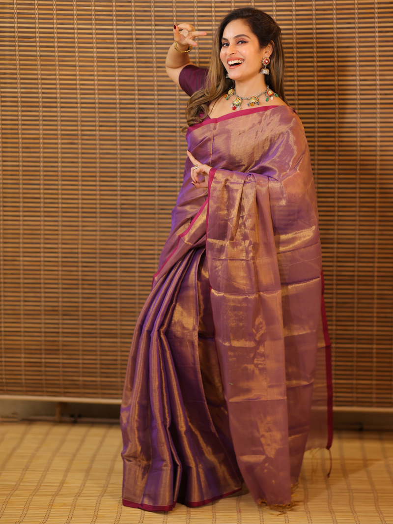 SAREEN Purple Copper Raga Cotton Tissue Saree with Elegant Border