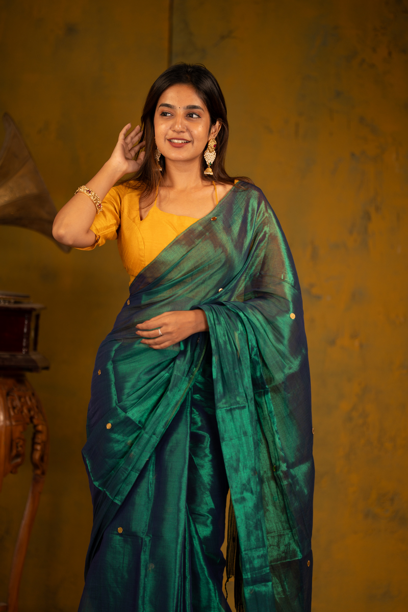 SAREEN Emerald Green Gini Raga Cotton Tissue Saree with Gold Dot Accents