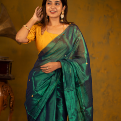 SAREEN Emerald Green Gini Raga Cotton Tissue Saree with Gold Dot Accents