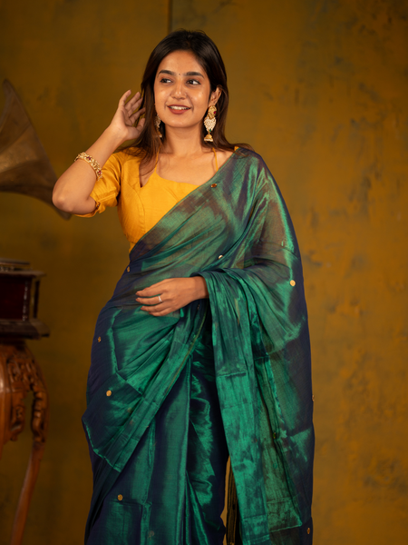 SAREEN Emerald Green Gini Raga Cotton Tissue Saree with Gold Dot Accents