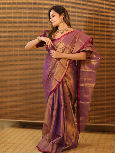 SAREEN Purple Copper Raga Cotton Tissue Saree with Elegant Border