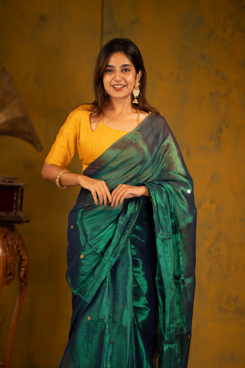 SAREEN Emerald Green Gini Raga Cotton Tissue Saree with Gold Dot Accents