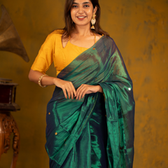 SAREEN Emerald Green Gini Raga Cotton Tissue Saree with Gold Dot Accents