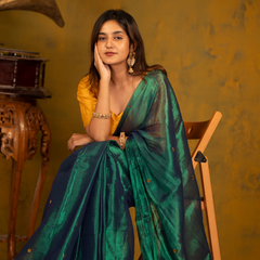 SAREEN Emerald Green Gini Raga Cotton Tissue Saree with Gold Dot Accents