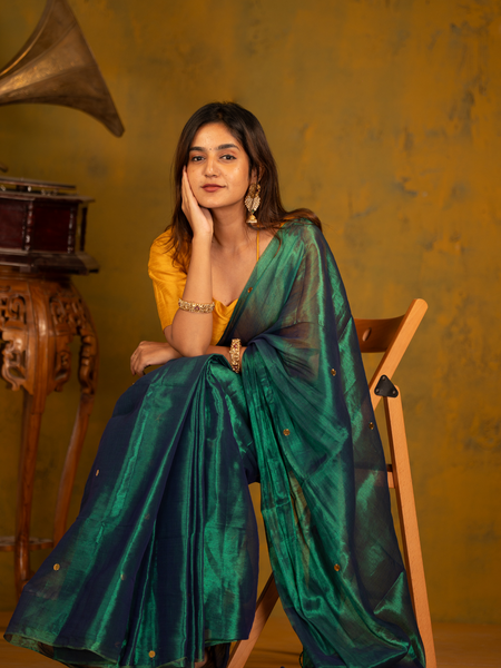 SAREEN Emerald Green Gini Raga Cotton Tissue Saree with Gold Dot Accents