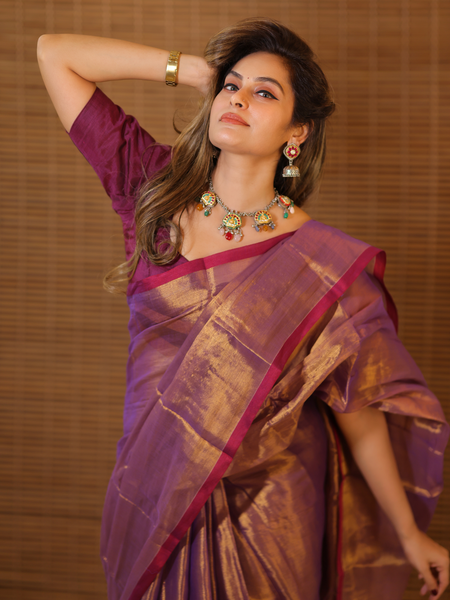 SAREEN Purple Copper Raga Cotton Tissue Saree with Elegant Border