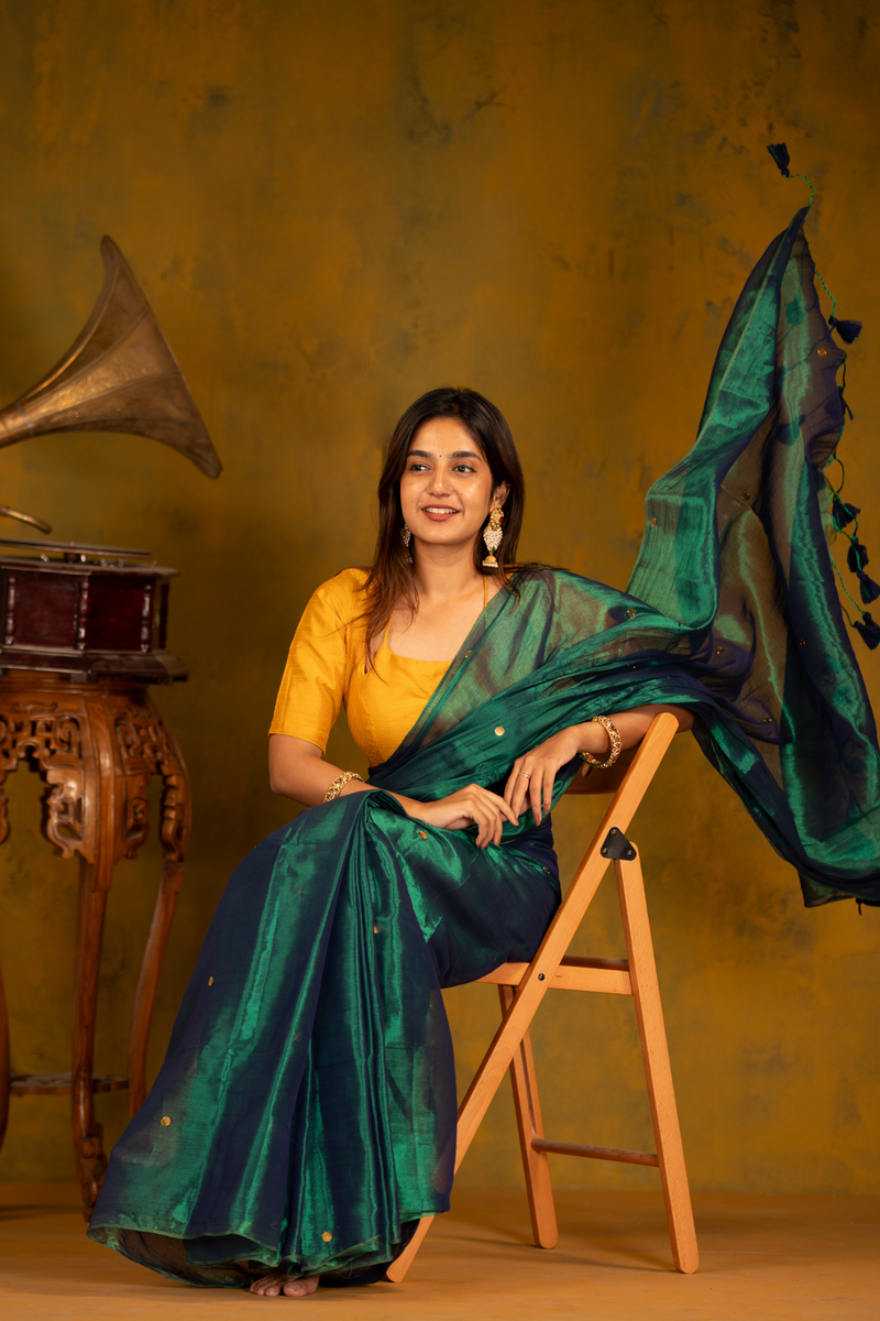 SAREEN Emerald Green Gini Raga Cotton Tissue Saree with Gold Dot Accents