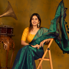 SAREEN Emerald Green Gini Raga Cotton Tissue Saree with Gold Dot Accents