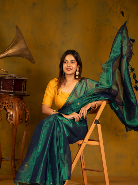 SAREEN Emerald Green Gini Raga Cotton Tissue Saree with Gold Dot Accents