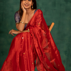 SAREEN Vermilion Red Gini Raga Cotton Tissue Saree with Festive Gold Dots