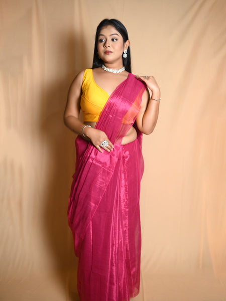 SAREEN Deep Pink Raga Cotton Tissue Saree with Soft Festive Shine