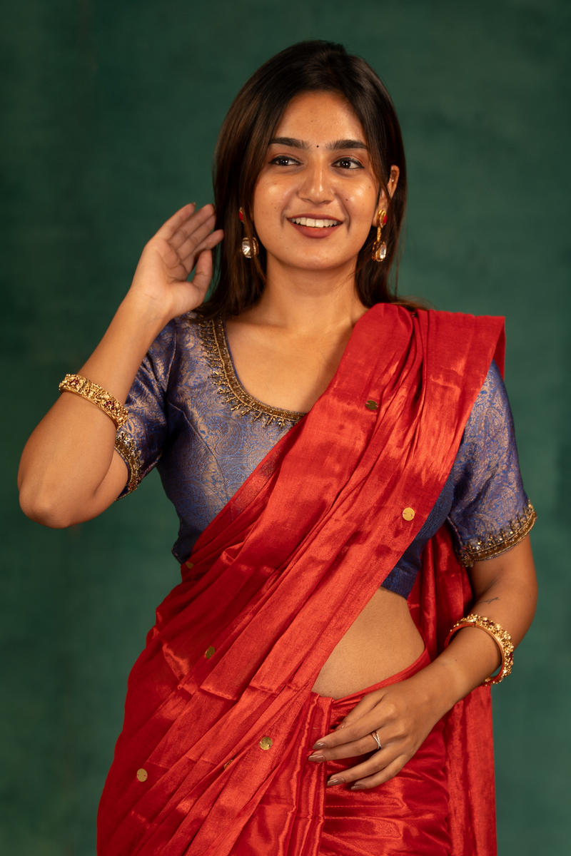 SAREEN Vermilion Red Gini Raga Cotton Tissue Saree with Festive Gold Dots