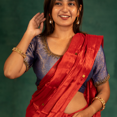 SAREEN Vermilion Red Gini Raga Cotton Tissue Saree with Festive Gold Dots