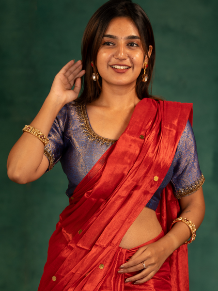 SAREEN Vermilion Red Gini Raga Cotton Tissue Saree with Festive Gold Dots