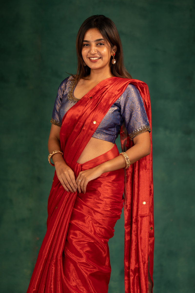 SAREEN Vermilion Red Gini Raga Cotton Tissue Saree with Festive Gold Dots