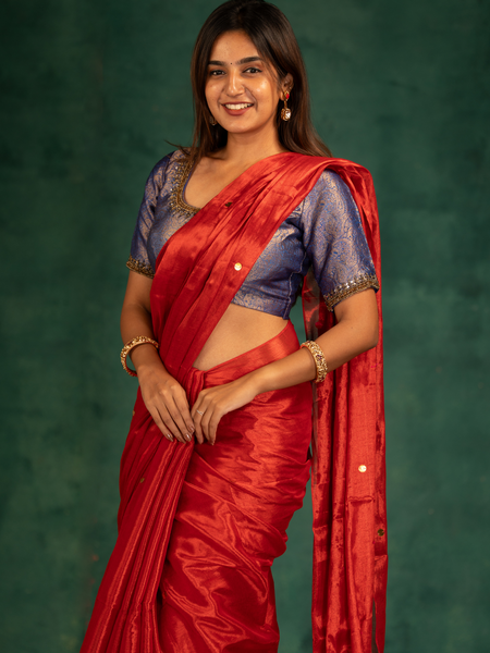 SAREEN Vermilion Red Gini Raga Cotton Tissue Saree with Festive Gold Dots