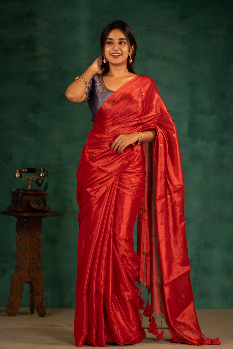 SAREEN Vermilion Red Gini Raga Cotton Tissue Saree with Festive Gold Dots