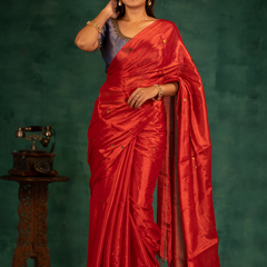 SAREEN Vermilion Red Gini Raga Cotton Tissue Saree with Festive Gold Dots