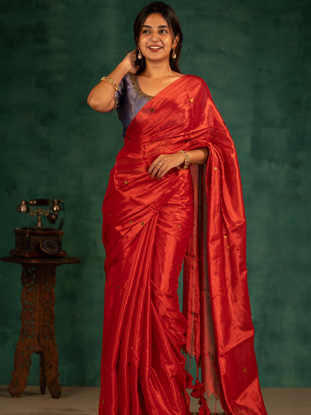 SAREEN Vermilion Red Gini Raga Cotton Tissue Saree with Festive Gold Dots