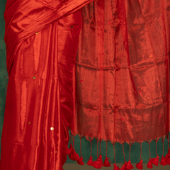 SAREEN Vermilion Red Gini Raga Cotton Tissue Saree with Festive Gold Dots