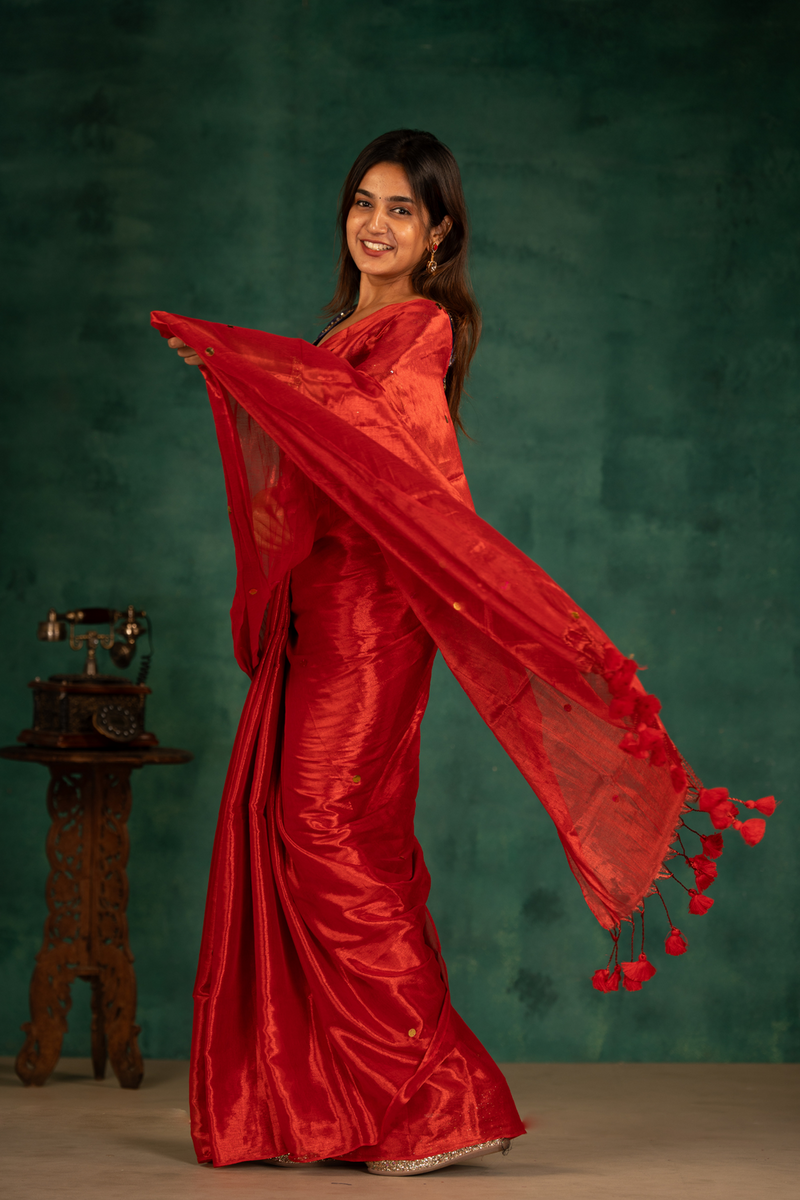 SAREEN Vermilion Red Gini Raga Cotton Tissue Saree with Festive Gold Dots