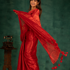 SAREEN Vermilion Red Gini Raga Cotton Tissue Saree with Festive Gold Dots