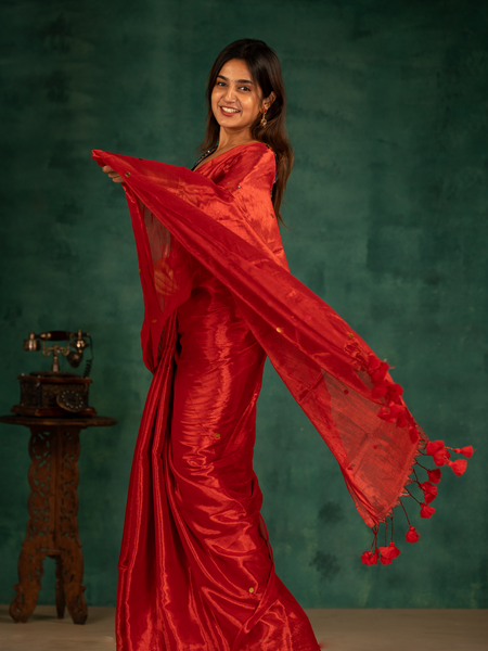 SAREEN Vermilion Red Gini Raga Cotton Tissue Saree with Festive Gold Dots