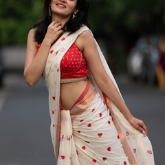 SAREEN Cream Mal Cotton Saree with Red Heart Butti & Copper Border