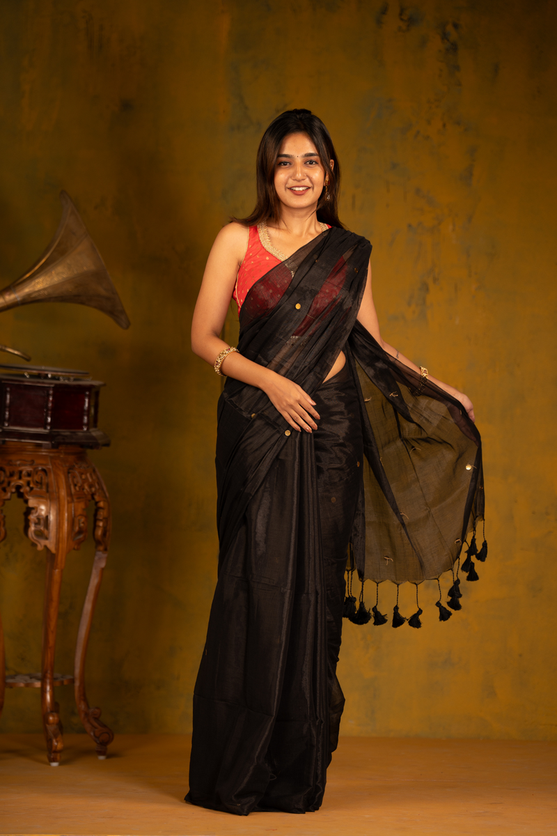 SAREEN Black Gini Raga Cotton Tissue Saree with Subtle Golden Dots