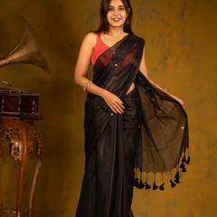 SAREEN Black Gini Raga Cotton Tissue Saree with Subtle Golden Dots