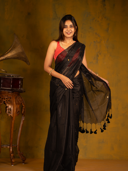 SAREEN Black Gini Raga Cotton Tissue Saree with Subtle Golden Dots