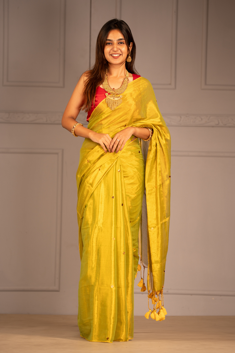 SAREEN Lemon Yellow Gini Raga Cotton Tissue Saree with Subtle Gold Dots