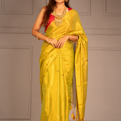SAREEN Lemon Yellow Gini Raga Cotton Tissue Saree with Subtle Gold Dots