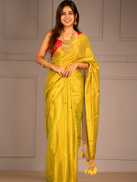 SAREEN Lemon Yellow Gini Raga Cotton Tissue Saree with Subtle Gold Dots