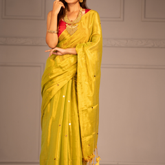 SAREEN Lemon Yellow Gini Raga Cotton Tissue Saree with Subtle Gold Dots