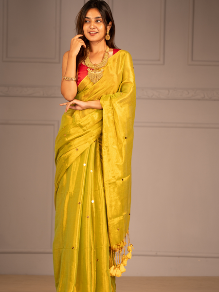 SAREEN Lemon Yellow Gini Raga Cotton Tissue Saree with Subtle Gold Dots