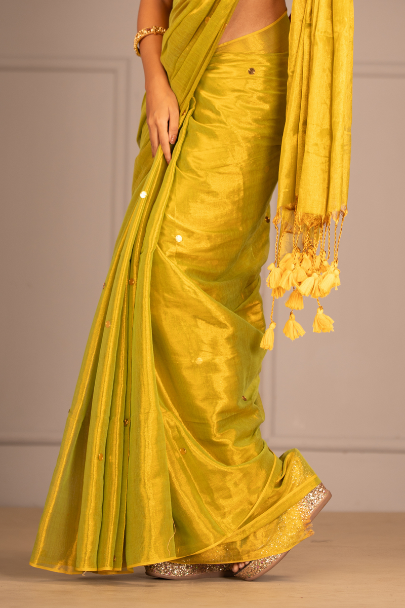 SAREEN Lemon Yellow Gini Raga Cotton Tissue Saree with Subtle Gold Dots