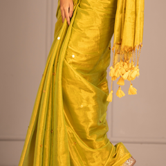 SAREEN Lemon Yellow Gini Raga Cotton Tissue Saree with Subtle Gold Dots