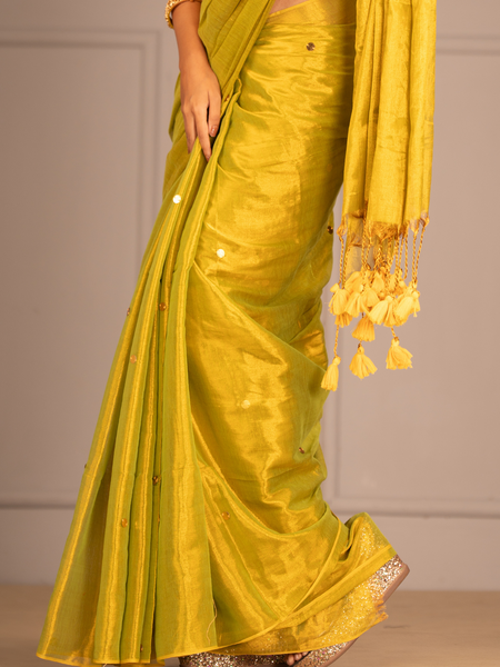 SAREEN Lemon Yellow Gini Raga Cotton Tissue Saree with Subtle Gold Dots