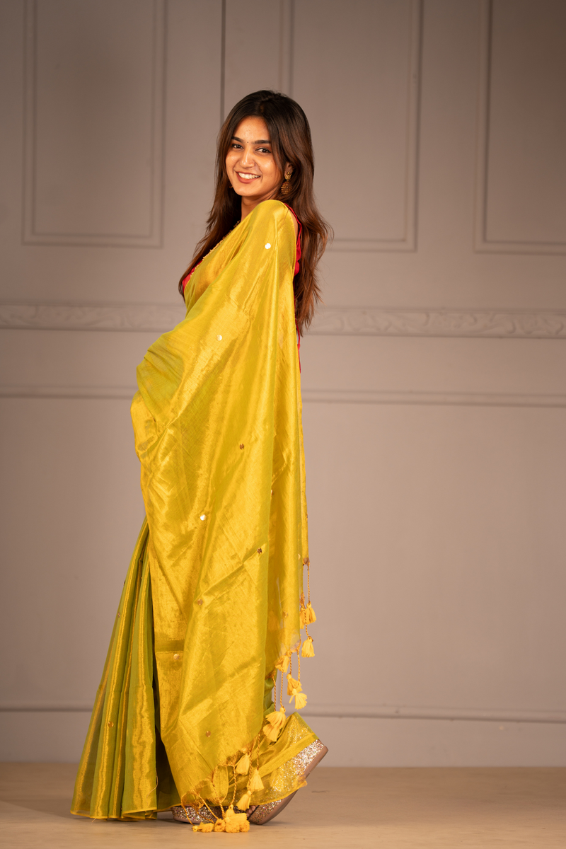 SAREEN Lemon Yellow Gini Raga Cotton Tissue Saree with Subtle Gold Dots