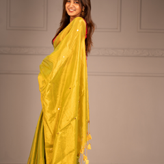 SAREEN Lemon Yellow Gini Raga Cotton Tissue Saree with Subtle Gold Dots