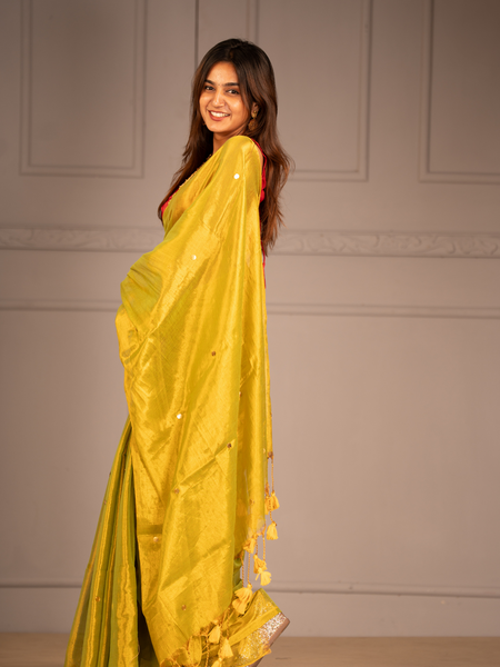 SAREEN Lemon Yellow Gini Raga Cotton Tissue Saree with Subtle Gold Dots