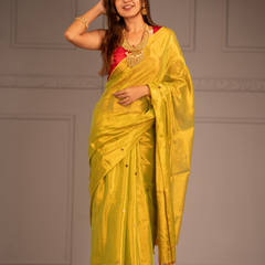 SAREEN Lemon Yellow Gini Raga Cotton Tissue Saree with Subtle Gold Dots