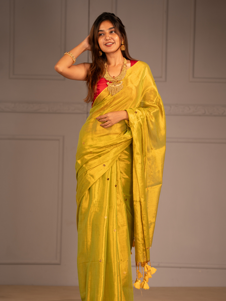 SAREEN Lemon Yellow Gini Raga Cotton Tissue Saree with Subtle Gold Dots