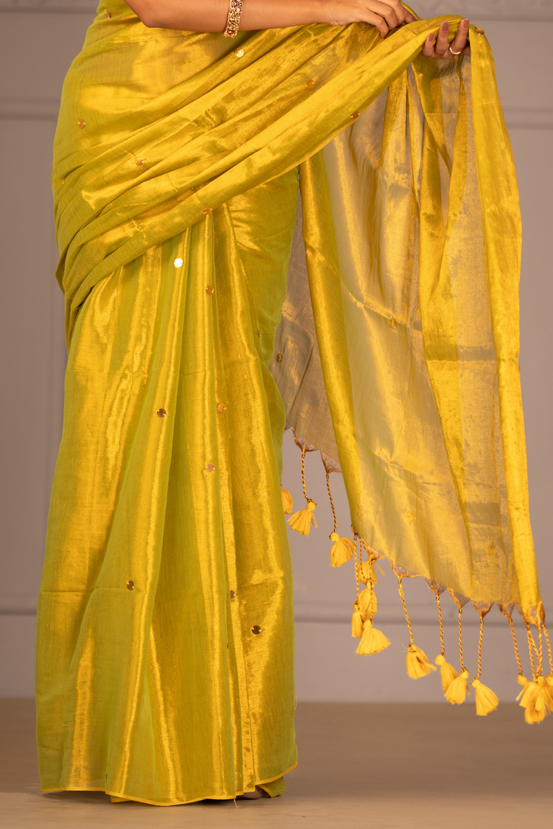 SAREEN Lemon Yellow Gini Raga Cotton Tissue Saree with Subtle Gold Dots