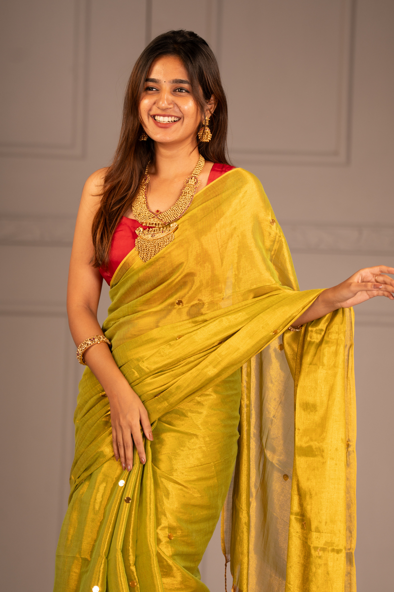 SAREEN Lemon Yellow Gini Raga Cotton Tissue Saree with Subtle Gold Dots