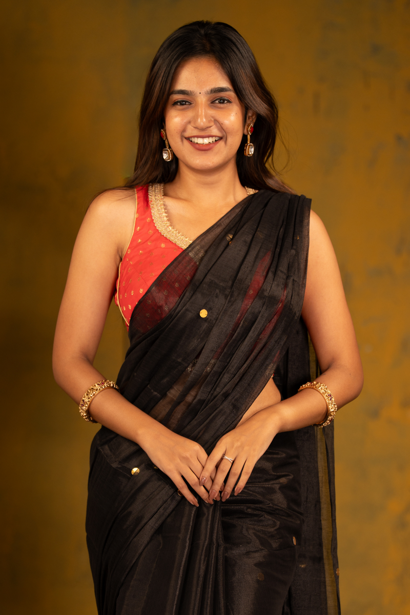 SAREEN Black Gini Raga Cotton Tissue Saree with Subtle Golden Dots